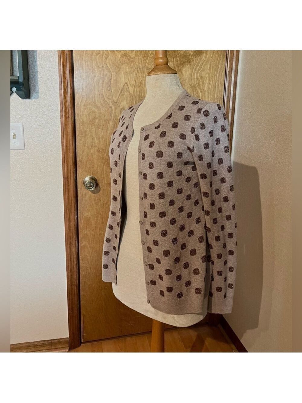 Old Navy subtle sparkle cardigan brown dots casual chic comfy